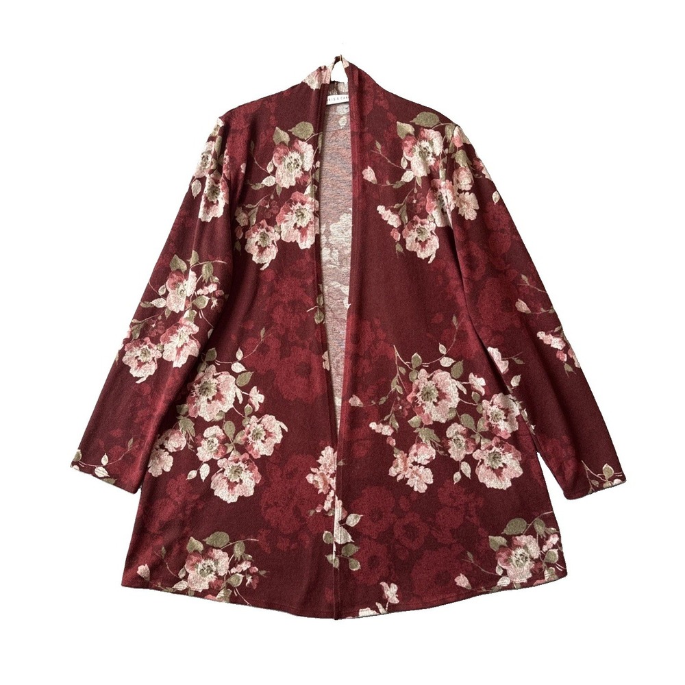 Chris & Carol Floral Open Front Cardigan L Burgundy Red Knit Boho Cottagecore